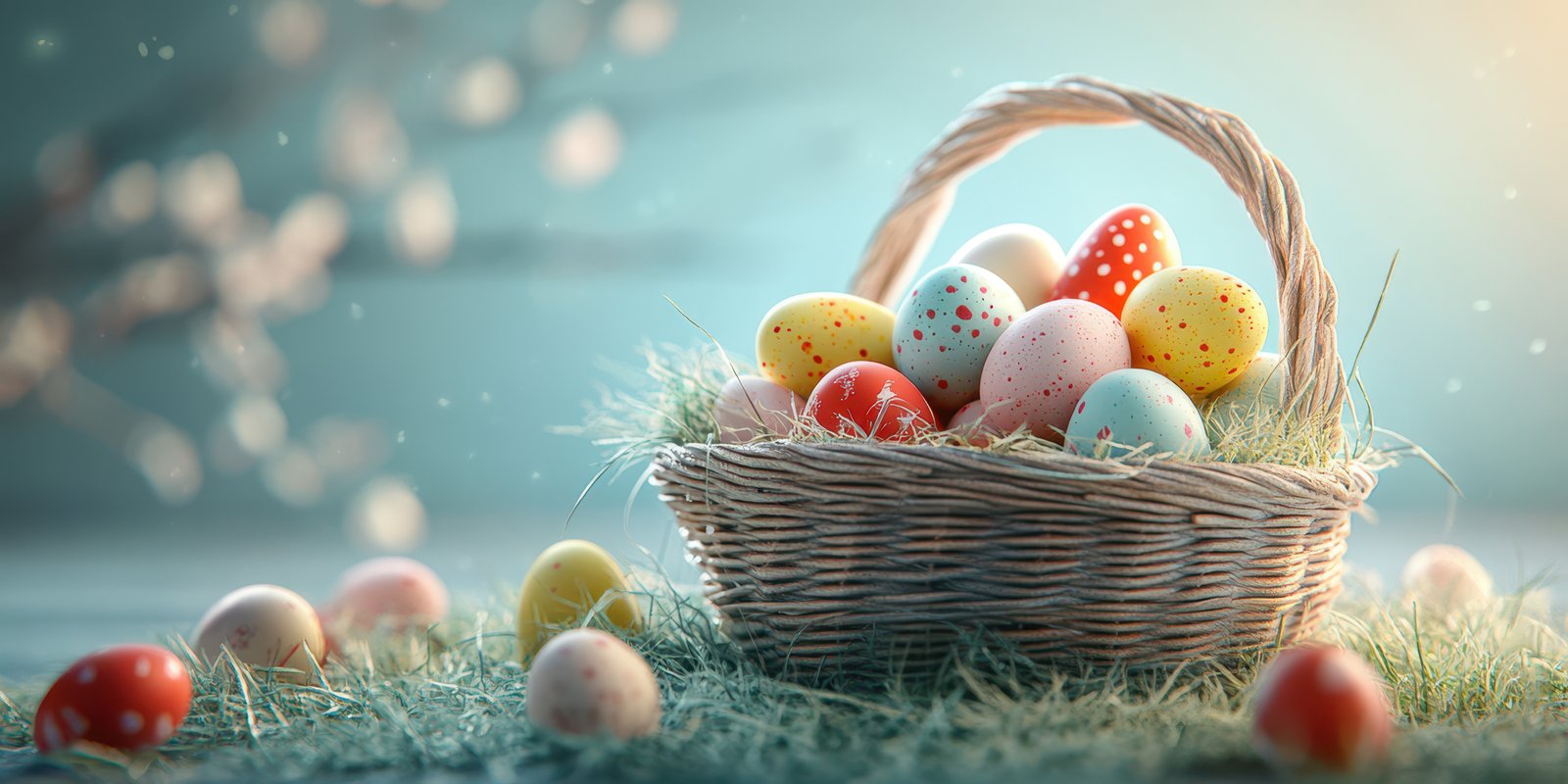 Colorful Easter eggs in a woven basket on grass with a serene background during springtime celebration
